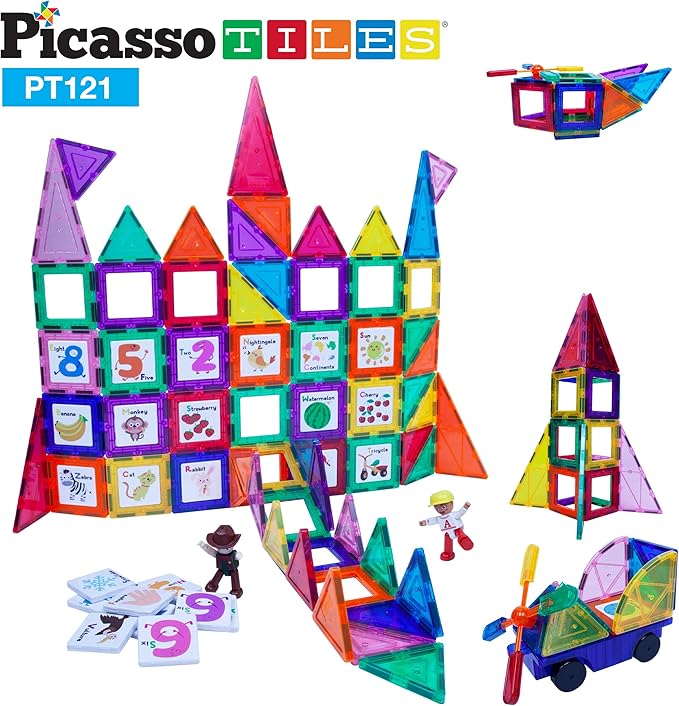 PicassoTiles 121 pc Master Builder Magnetic Building Block Construction Set Magnet Tiles Blocks with Car Truck, 2 Character Action Figures, 28 Educational Alphabet Animal and Number Graphics, Windmill