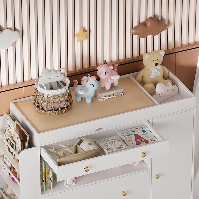 Nursery Dresser with Baby Changing Table, Modern Diaper Changing Station,Dresser for Nursery with 3 Drawers & Shelves, Storage Crib with Changing Table, White
