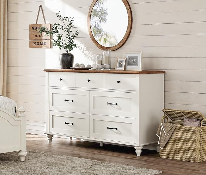 WAMPAT Kids Dresser with 7 Drawers for Bedroom, White Baby Dresser for Nursery & Kids Room, Mid Century Modern Chests & Dressers, Distressed Wide Dressers Organizer for Children’s Bedroom, 54 Inch