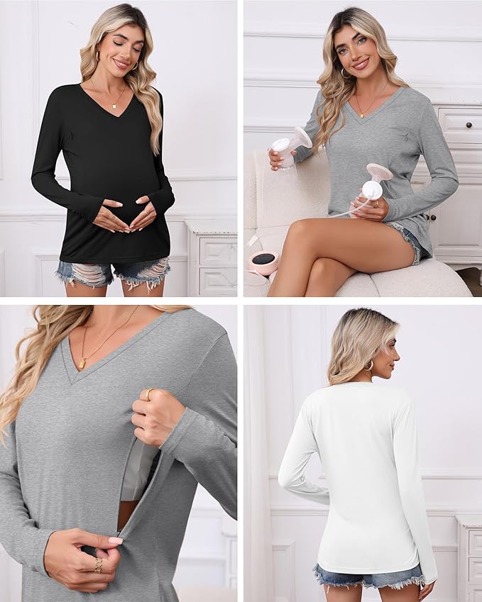 Huukeay 3 Pack Women's Long Sleeve Nursing Tops, Breastfeeding Hidden Zippers Shirts V Neck Maternity Pregnancy Tees Clothes