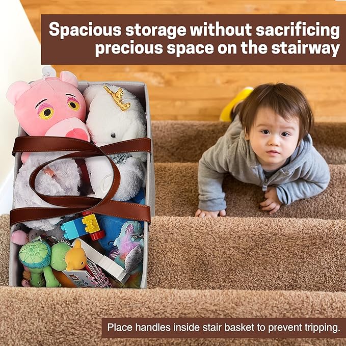 SAM AND MABEL Stair Basket with Chevron Pattern – 16”L x 9.5”W x 16”H Staircase Basket with Handles, Foldable Stairway Storage Organizer for Home Office Decor (Smart Gray-White)