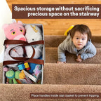 SAM AND MABEL Stair Basket with Chevron Pattern – 16”L x 9.5”W x 16”H Staircase Basket with Handles, Foldable Stairway Storage Organizer for Home Office Decor (Smart Gray-White)