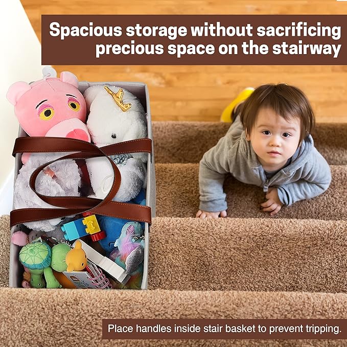 SAM AND MABEL Stair Baskets for Carpeted and Wooden Stairs – 16”L x 9.5”W x 16”H Foldable Staircase Basket with Handles, Stairway Storage Organizer for Home Office Decor (Grayish Beige)