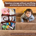 SAM AND MABEL Stair Baskets for Carpeted and Wooden Stairs – 16”L x 9.5”W x 16”H Foldable Staircase Basket with Handles, Stairway Storage Organizer for Home Office Decor (Grayish Beige)