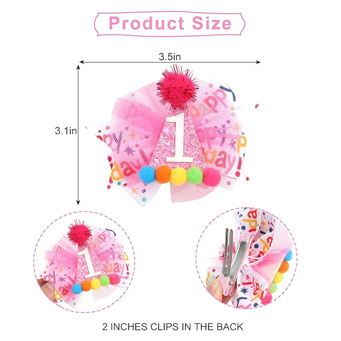 Hot Pink 1st Birthday Hair Bow - Happy Birthday ribbon Bows, Pink Birthday Hat Bows, 1st Birthday Hair Clips for Girls, First Birthday Girls Hair Accessories