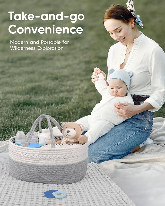 Maliton Diaper Caddy Organizer for Baby Boy- Cotton Rope for Changing Table, Nursery Storage, Newborn Baby Must Have Items