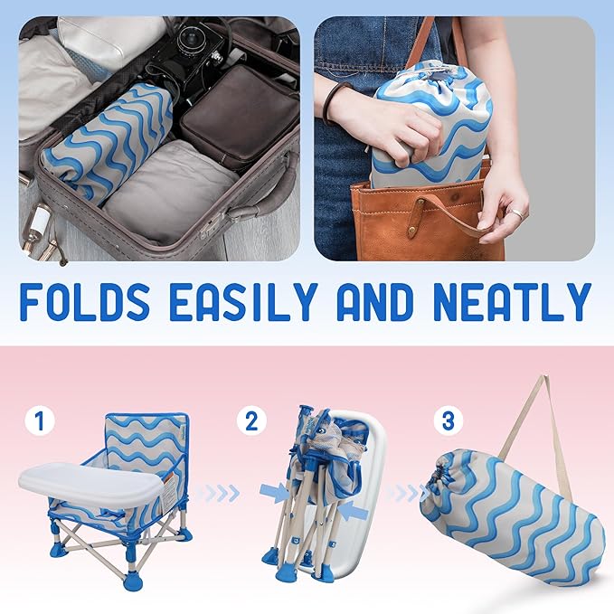 Tiny Marvels Portable 3-in-1 Baby Booster Seat, Cozy Floor Seat, Feeding Seat with Tray, Compact Foldable Toddler Booster with Child Safety Belt Carry Bag, Perfect for Travel (Big Waive)