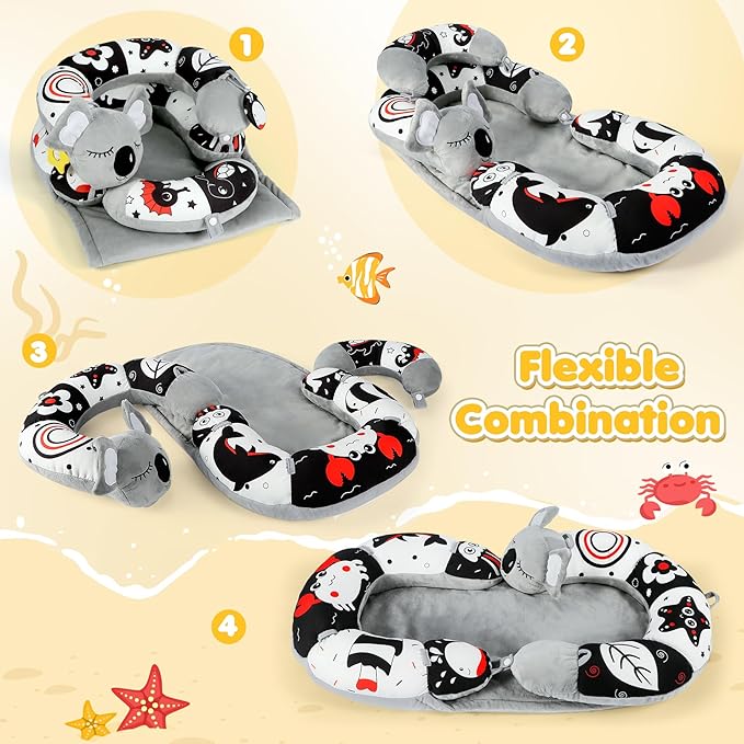 URMYWO Tummy Time Mat - 4 in 1 Cozy Tummy Time & Seated Support Pillow, Tummy Time Pillow for Newborn 0-12 Months, Infant Baby Sit Me Up Floor Seat Early Sensory Development Gifts Tummy Time Play Toys