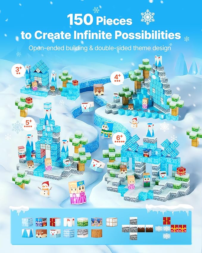 VEVOR Magnetic Blocks, 150 PCS Glacier Castle Set, Magnetic Building Cubes for Kids, STEM Montessori Sensory Toys for Christmas Birthday Gift, Construction Stacking Toy for 3+ Years Old Boys & Girls