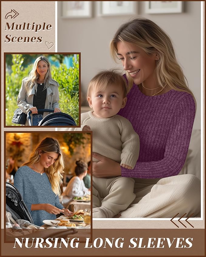 3 Pack Women's Nursing Long Sleeve Tops Breastfeeding Thermal Sweaters with Hidden Zipper Maternity Ribbed Shirts