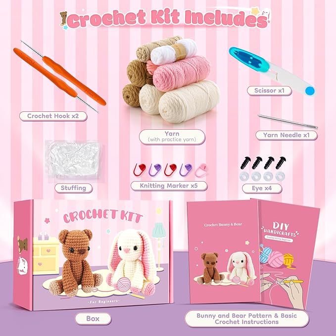 Crochet Kit for Beginners, Bunny and Bear Crochet Animal Kit with Step-by-Step Video Tutorials, Crocheting Kit for Starters, Beginner Crochet Kit for Kids and Adults, DIY Stuffed Animal Knitting Kit
