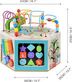 Teamson Kids Preschool Play Lab 7-in-1 Large Wooden Activity Cube Station Center Bead Maze and Counting for Kids Baby Toys, Natural