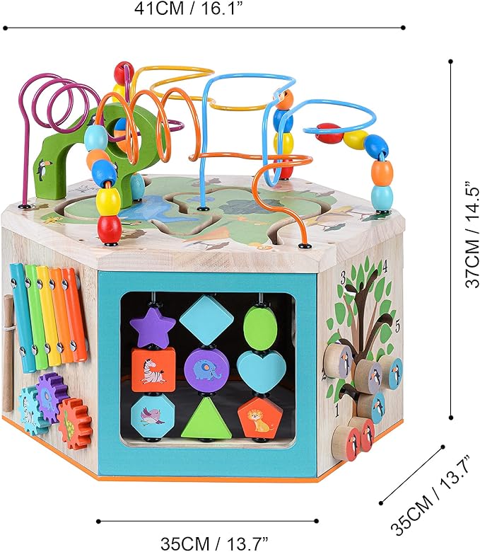 Teamson Kids Preschool Play Lab 7-in-1 Large Wooden Activity Cube Station Center Bead Maze and Counting for Kids Baby Toys, Natural