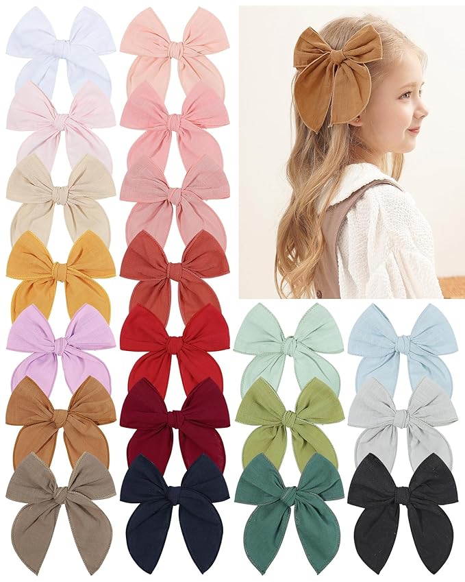5.5 Inch 20PCS Baby Girls Fable Hair Bows Clips Cotton Linen Alligator Hair Clips Large Neutral Handmade Hair Accessories Bows for Girls Toddlers Kids by doboi