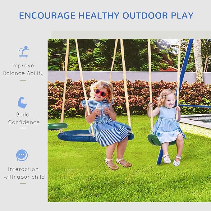 Outsunny Swing Set for Backyard, 5 in 1 Heavy-Duty A-Frame Stand Outdoor Playset for Kids with 29.5" Saucer Swing, Slide, Seesaw, Glider, Swing Seat, Blue