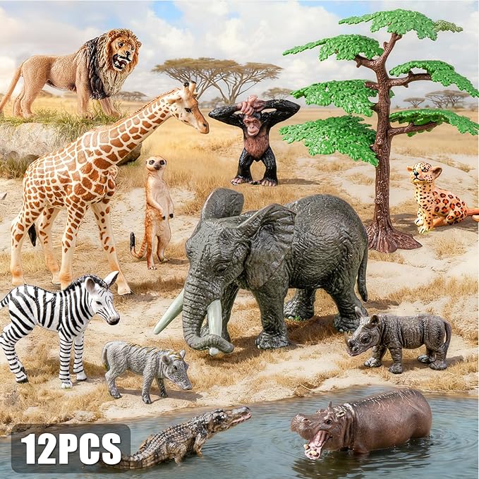 12PCS Realistic Safari Animals Figures Learning Toys Set, Large African Animal Toys, Wild Zoo Animal Toys, Educational Playset Toys for Boys Girls, Birthday Gift for Toddlers Kids