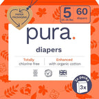 Pura Size 5 Eco-Friendly Diapers (24-35 lbs) Totally Chlorine Free (TCF) Hypoallergenic, Soft Organic Cotton, up to 12 Hours Leak Protection, Allergy UK, 3 Packs of 20 (60 Diapers)