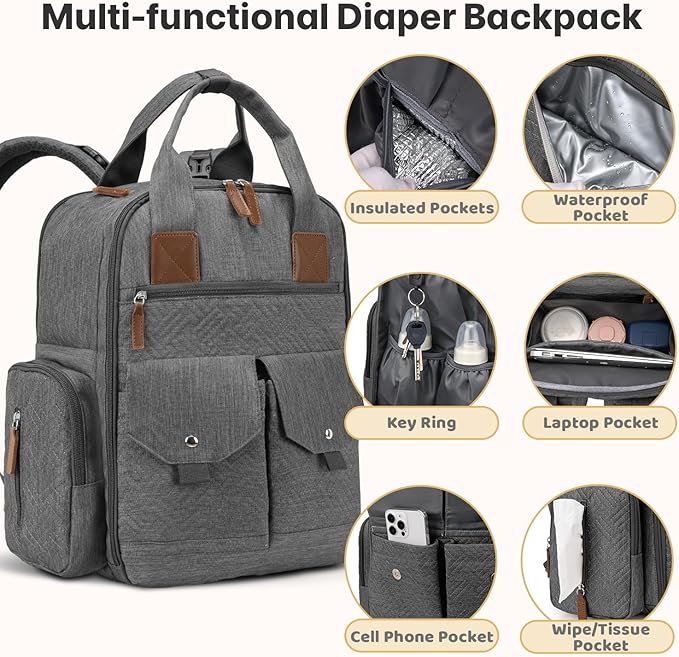 Diaper Bag Backpack - Large Diaper Bag with Portable Changing Pad as Baby Shower Gifts, Lightweight Waterproof Unisex Travel Baby Bag with 4 Insulated Pockets and Stroller Buckles, Dark Grey