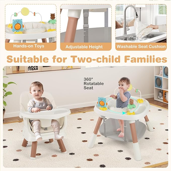 KOTEK 16 in 1 Convertible High Chair, Baby Highchair & Activity Center with Toys, Booster Seat, Building Block Table, Toddler Chair with 5-Point Harness, Removable Tray & Cushion (White)