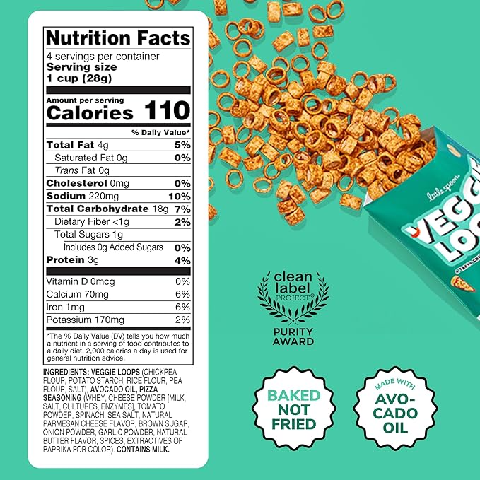 Little Spoon Pizzalicious Veggie Loops, Chickpea and Spinach Snack, Baked Not Fried, Avocado Oil, Hidden Veggies, Tastier Snacks for Kids, 3g Protein, Gluten-Free, 4 Pack