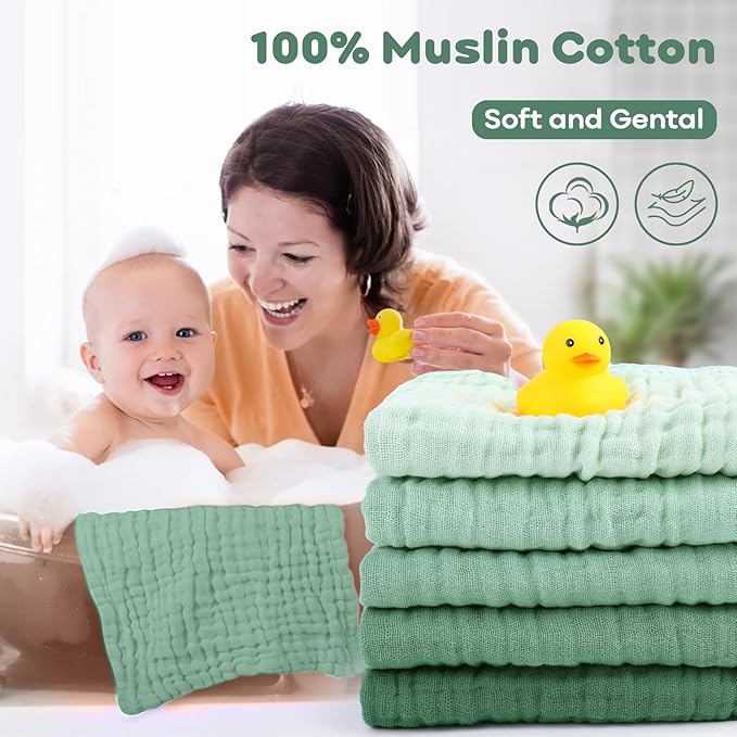 Yoofoss Muslin Baby Washcloths 100% Organic Cotton Face Towels 6 Pack Wash Cloths for Baby 12x12in Soft and Absorbent Baby Wipes (Gradient Green)