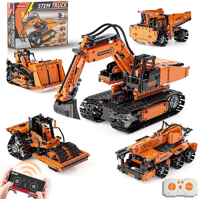 5in1 STEM Building Kits for Kids, STEM Building Toys for Kid, Remote & APP Controlled Excavator/Crane/Bulldozer/Road Roller/Dump Trucks Building Blocks Set for Boys Girls Birthday Xmas Idea Gifts