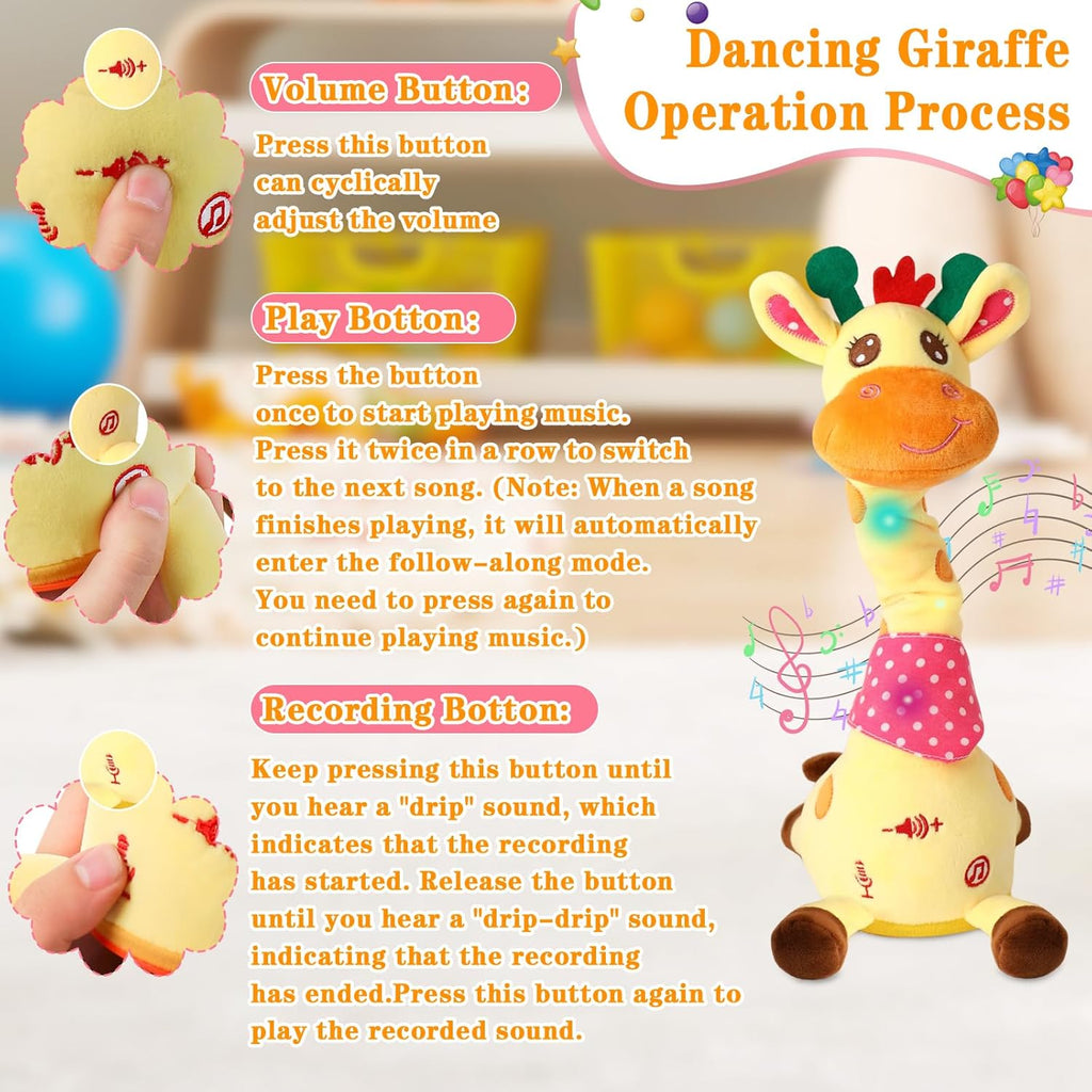 Dancing Talking Giraffe Toy, Stuffed Animal Baby Toy Repeating What You Say, Glowing Musical Giraffe with 10 Children's Songs Gifts for Toddlers 1-3 Years Old
