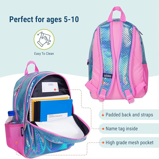 Wildkin 15-inch Kids Backpack – Durable, Padded, Adjustable for School & Travel - Mermaid Scales