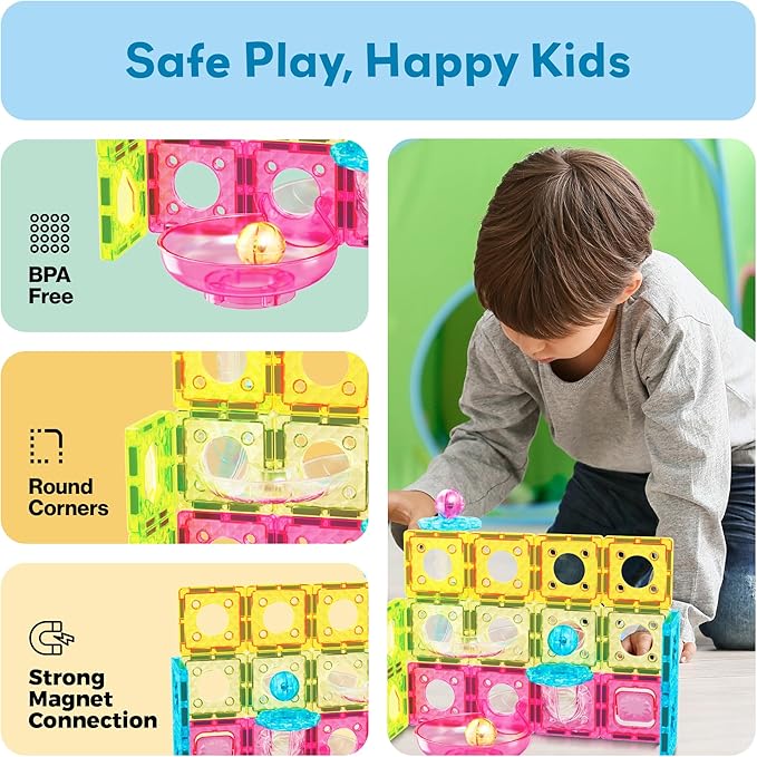 PicassoTiles Magnet Tiles Building Block Travel Size Magnetic Marble Run Construction Toy Set Mini Diamond Marble Racetrack Building Blocks Playset Education STEM Learning Kit Boy Girl 3+ PTMG45