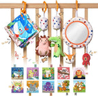 TUMAMA Car Seat Toys 3 6 9 12 Months, Plush Animal Rattle Mirror Soft Crinkle Book Baby Enlightenment Toy Set, Newborn Crib Stroller Play Gym Hanging Toys