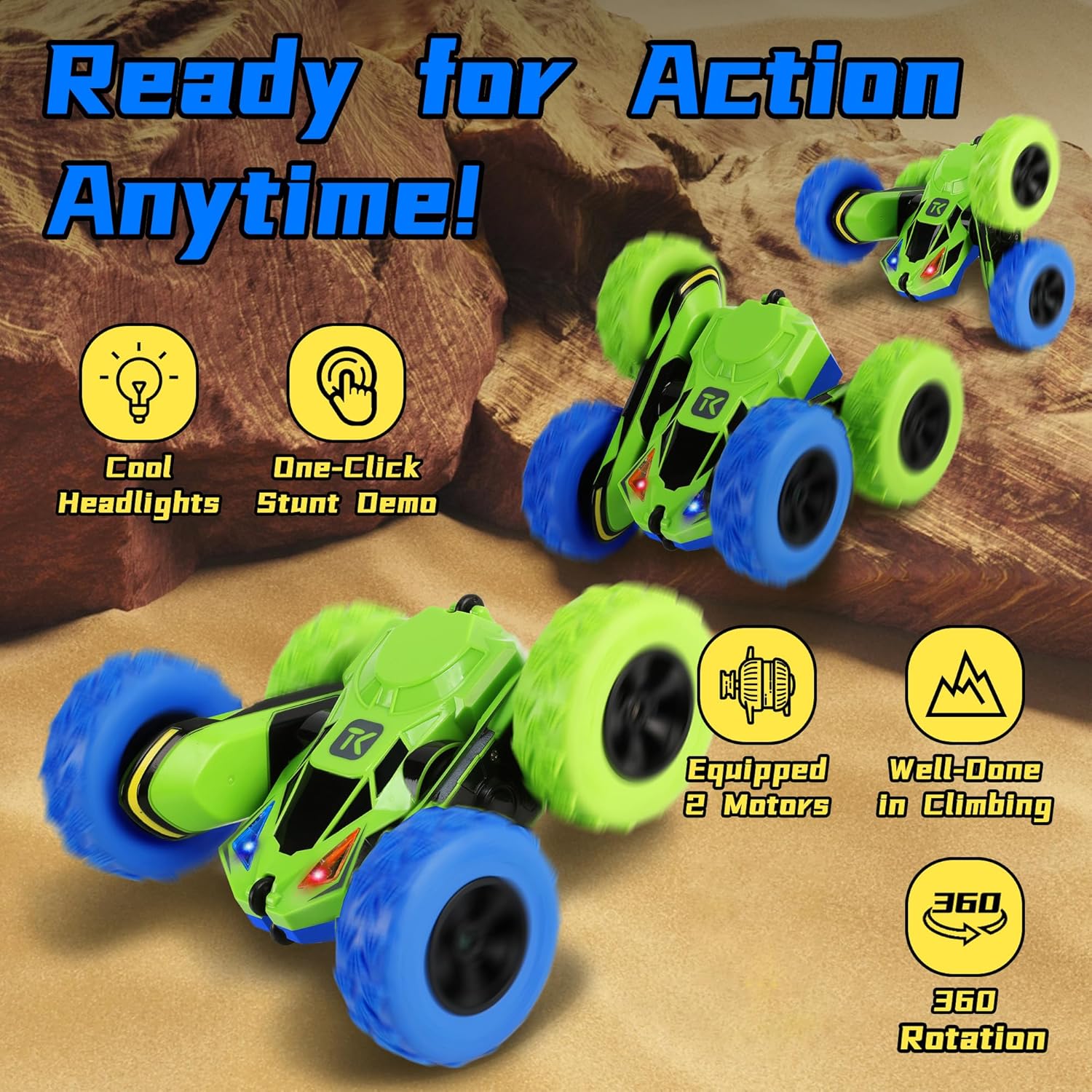 Threeking RC Stunt Car Remote Control Cars with Lights Double-Sided Driving Indoor Outdoor Toys Gifts Presents for 6 7 8 9 10 11 12 Year Old Kids Boys Girls