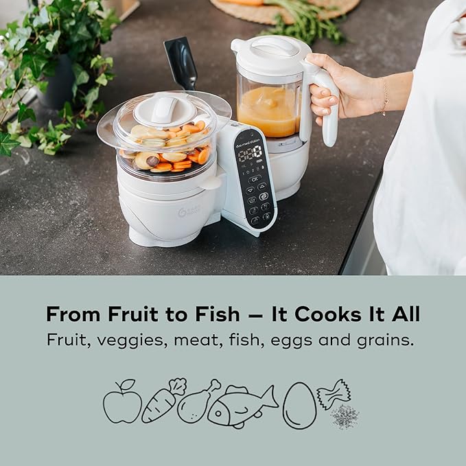 Babymoov Duo Meal Station 6 in 1: Multi-Speed Baby Food Maker Steamer and Puree Blender, Baby Food Processor that warms & defrosts (Nutritionist Approved), Mineral Beige