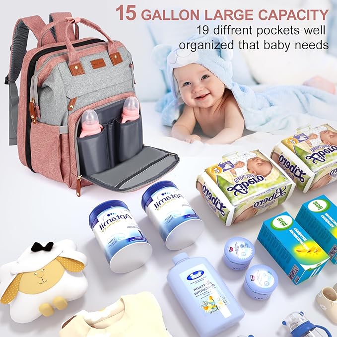 Diaper Bag Backpack, Baby Diaper Bag, Multifunctional Large Capacity, with Diaper Changing Station, Travel Diaper Bag Backpack (Pinkish Gray)