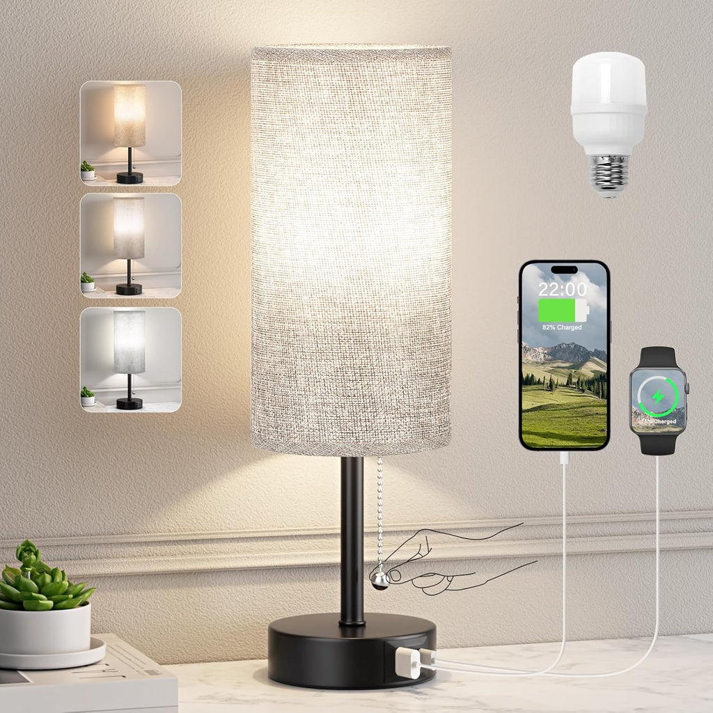 Grey Bedside Lamp for Bedroom Nightstand - Small Table Lamp with USB A + C Charging Port, 3 Color Temperatures Pull Chain Night Stand Light with Bulb, Side Table Desk Reading Lamp for Living Room/Dorm