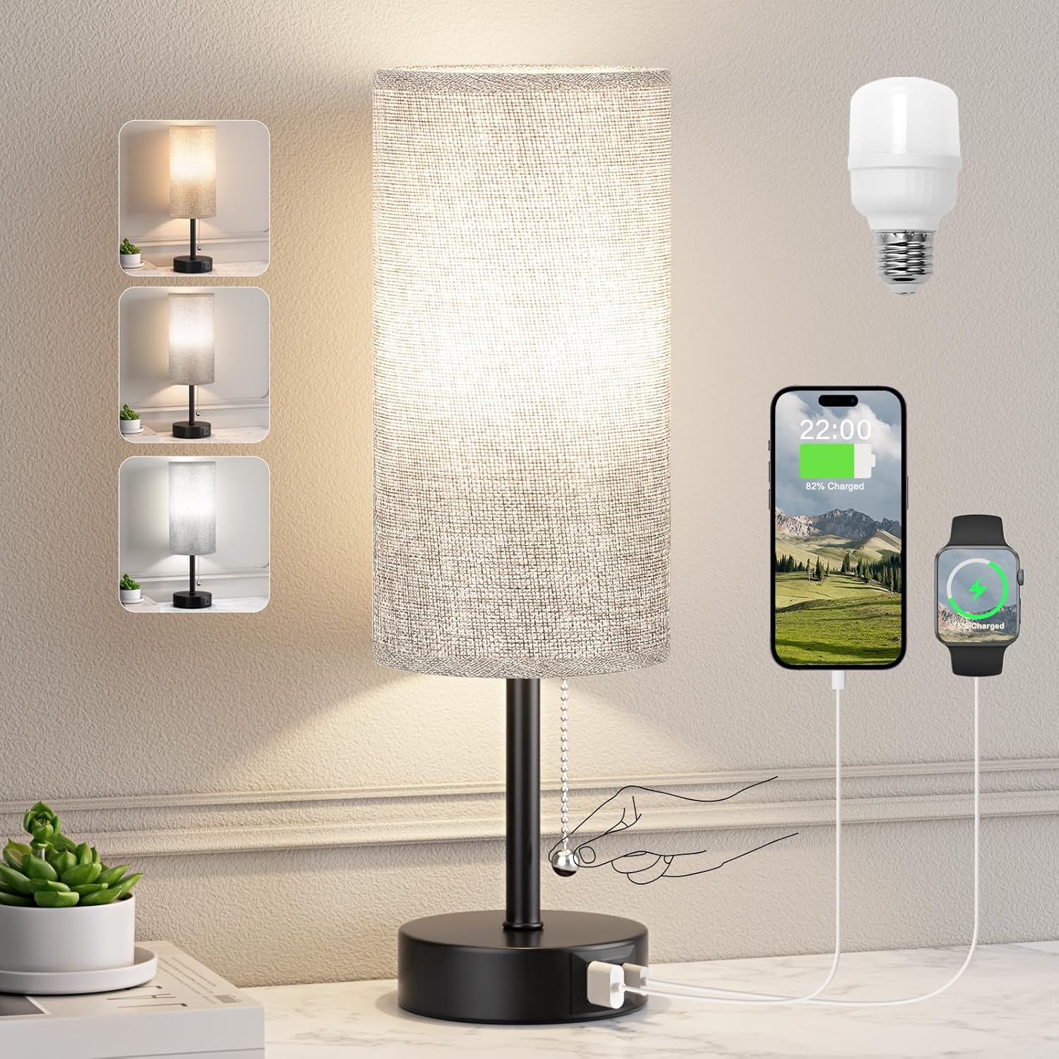 Grey Bedside Lamp for Bedroom Nightstand - Small Table Lamp with USB A + C Charging Port, 3 Color Temperatures Pull Chain Night Stand Light with Bulb, Side Table Desk Reading Lamp for Living Room/Dorm