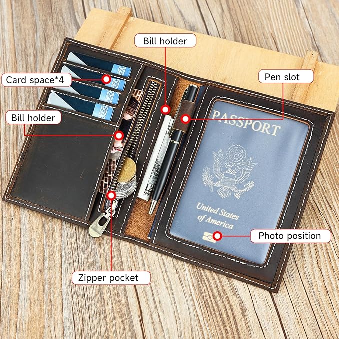 Genuine Leather Passport Holder Handmade Passport cover Lightweight Travel Bifold Passport Wallet dark brown