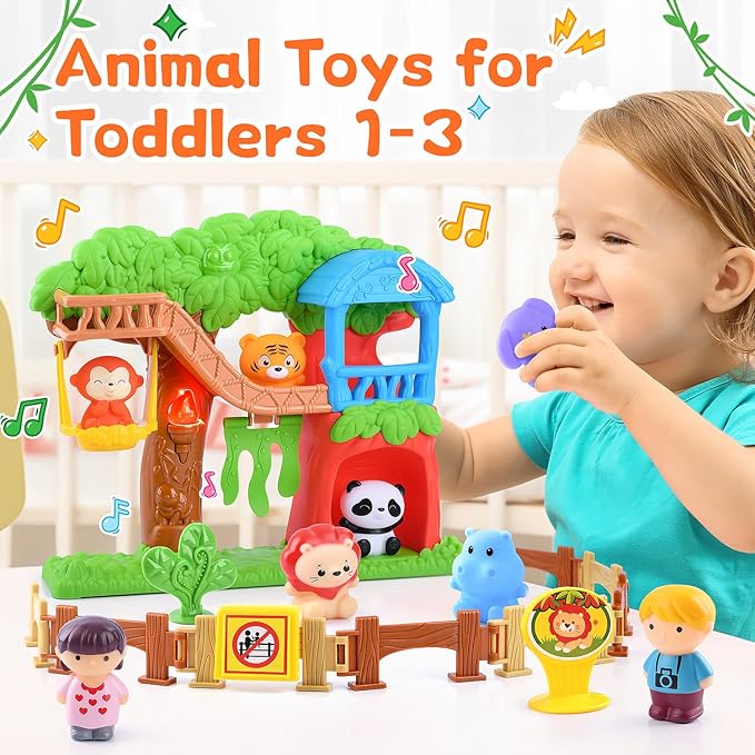 PLAY Safari Animals Figures Toys Playset, 20Pcs Realistic Jungle Forest Zoo Animals Figurines Tree House Playset with Lights & Sounds for Toddlers, Learning Toys Gifts for Girls Boy Ages 18M+