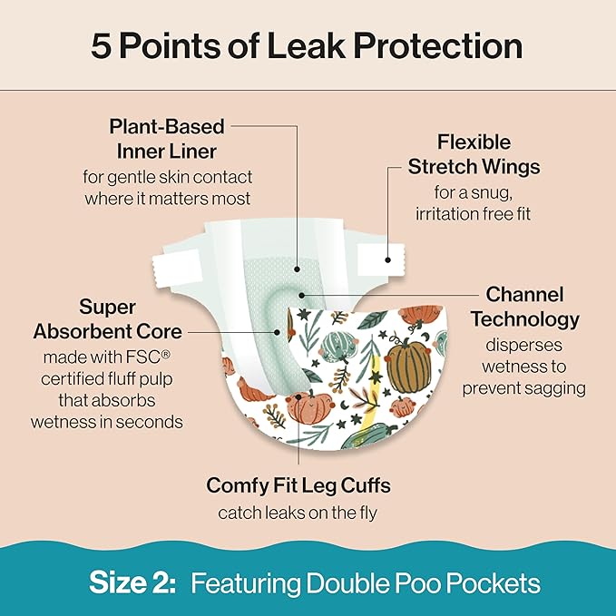 The Honest Company Clean Conscious Diapers for Delicate Skin | Up to 100% Leakproof | Hypoallergenic, Fragrance Free | Fall '25 Limited Edition Prints | Club Box, Size 2 (12-18 lbs), 72 Count