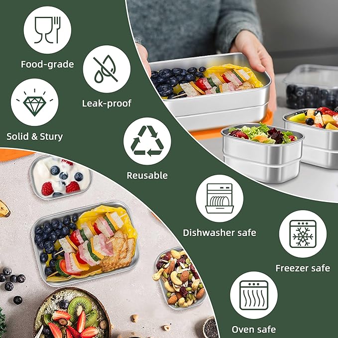 HaWare Stainless Steel Lunch Box for Kids, Leak Proof Food Storage Containers with Silicone Lids, Portable Sandwich Containers, Easy Open Snack Box for School & Daycare, Dishwasher Safe (8oz*2+25oz)