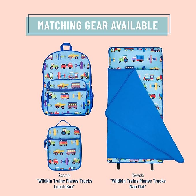 Wildkin ECO rPET Kids Backpack – Recycled, Padded, Adjustable for School & Travel – Trains, Planes & Trucks