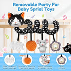 Car Seat Toys for Babies 0-6 Months,Hanging Rattle Toys for Crib Mobile, Baby Spiral Hanging Stroller Black and White High Contrast Toys for Newborn 0 3 6 9 12 Months Baby Boys Girls (Cat)