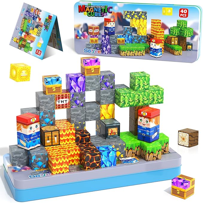Soyee Magnetic Blocks Travel Toys with Metal Tin Travel Essentials STEM Learning Outdoor Building Kids Toddler Toys & Birthday Gifts for Boys Girls Ages 3+