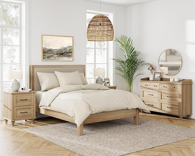 WAMPAT Oak Dresser for Bedroom with 6 Drawers, Baby Dresser with Solid Wood Legs, Farmhouse Light Wood Closet Storage Organizer, Horizontal Dressers for Nursery, Living Room, Kids Room