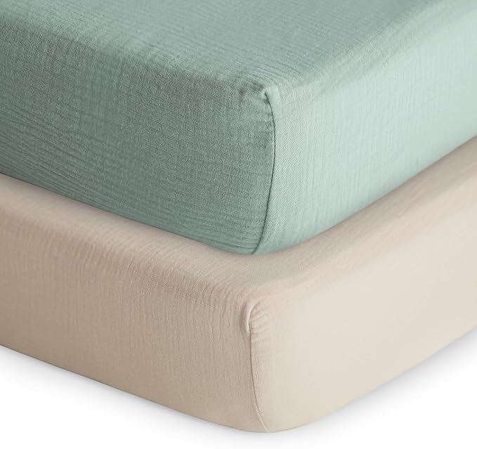 mushie Extra Soft Muslin Fitted Crib Sheet 2-Pack | 192 Thread Count | 28"x 52" (Roman Green/Fog)