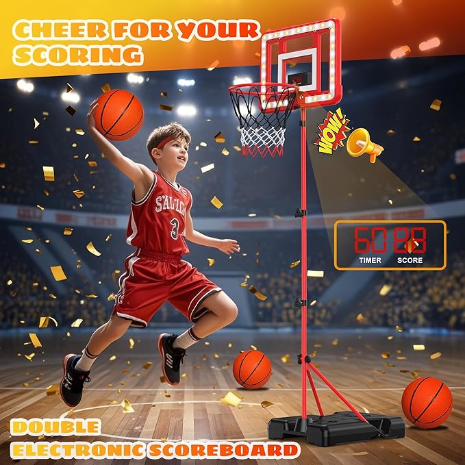 Kids Indoor Basketball Hoop with Scoreboard & Timer,Toddler Adjustable Height Basketball Goal Toy for Outdoor Backyard,Sports Game Play