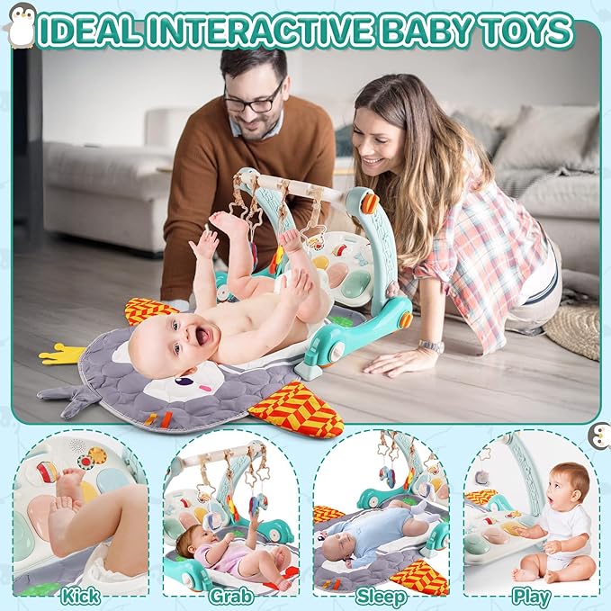 deAO Baby Play Mat Gym Tummy Time Mat Infant Play Center and Baby Activity Mat Baby Learning Walker Detachable Play Piano and Rattles, Baby Gifts for Babies 0-12+ Months, Penguin