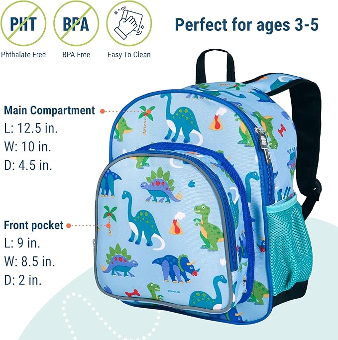 Wildkin 12-inch Kids Backpack – Padded, Adjustable, Ideal for Daycare & Travel - Dinosaur Land