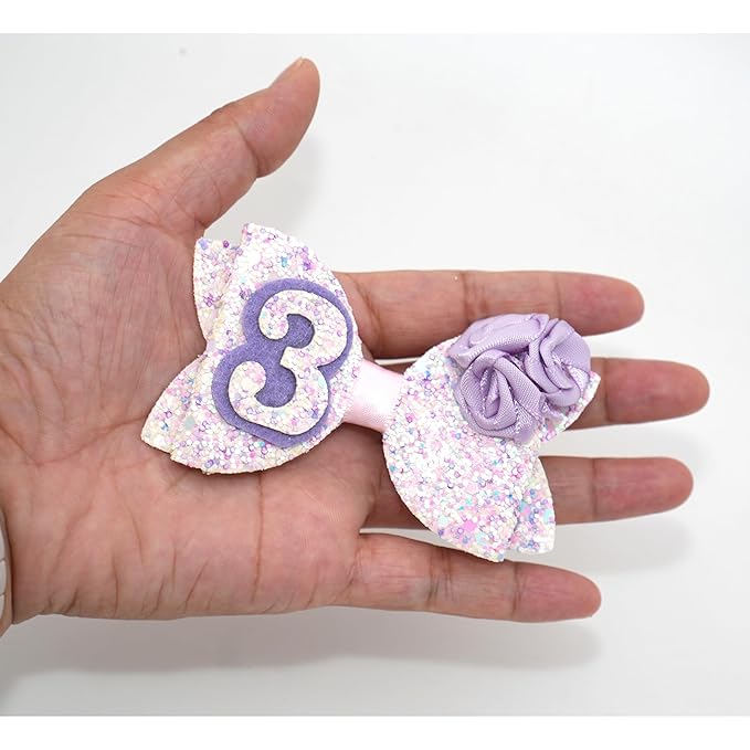 Birthday Hair Bow for Baby Girls 1 2 3 4 5 6 Years Sprinkle Decorations Party Hair Accessories for Three 3rd Birthday Purple Rose
