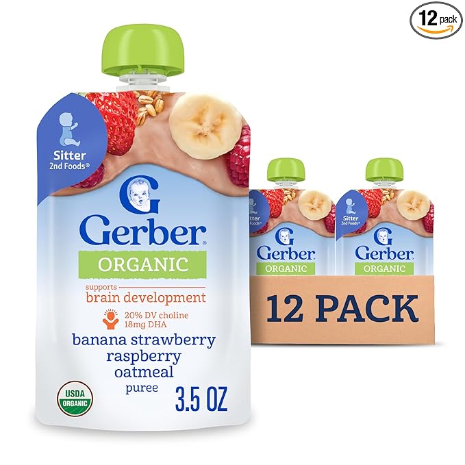 Gerber Stage 2 Baby Food, Organic Banana Strawberry Raspberry Oatmeal, Baby Puree, 12PK