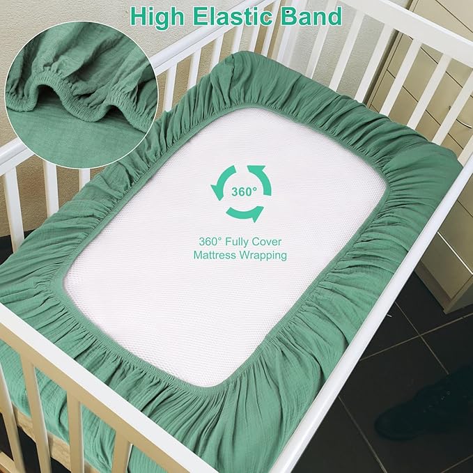 2 Pack Muslin Fitted Crib Sheets for Baby Girls & Boys-Neutral Breathable Crib Mattress Protector for Standard Crib Mattress (28"x 52") -Soft No Slip Toddler Cotton Bedding-Green & Grey